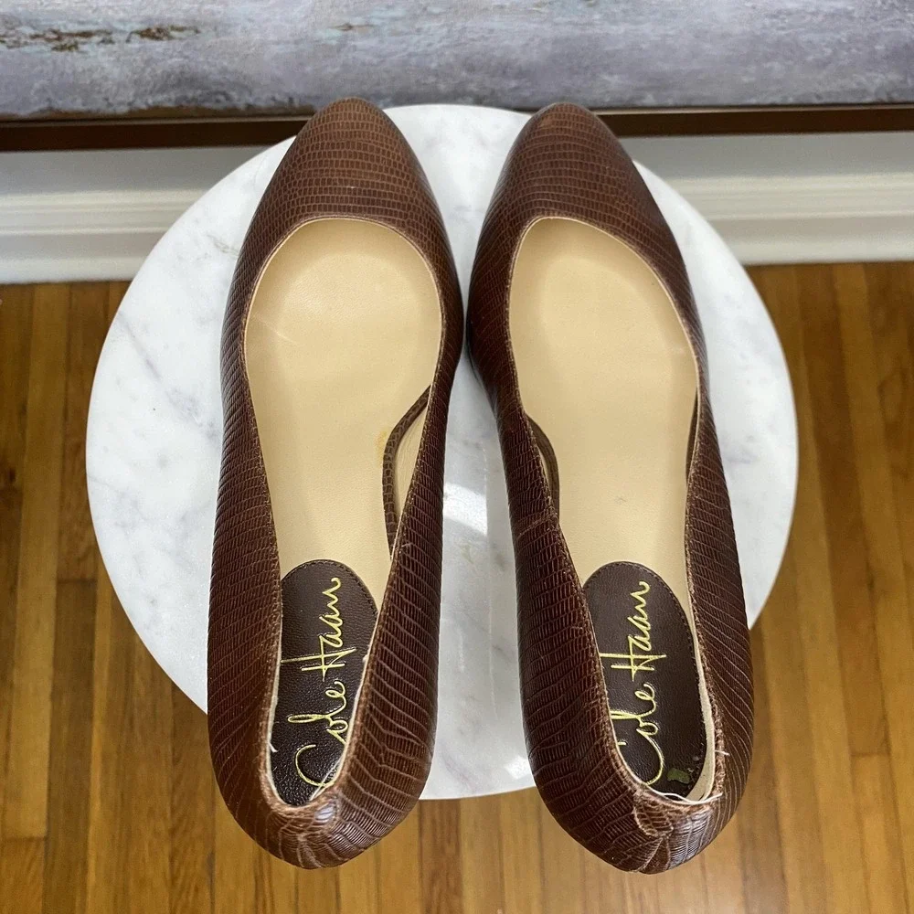 Cole Haan Shoes Womens Size 7.5 Brown Leather Round Toe High Heel Textured Pumps